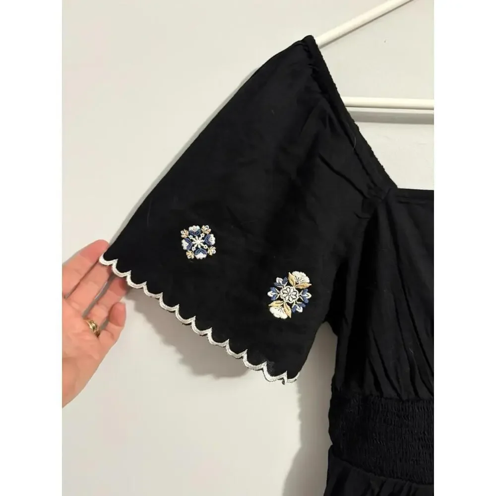 NWT Old Navy Smocked Flutter Short Sleeve Black Dress Embroidered Flowers XS - Picture 2 of 8